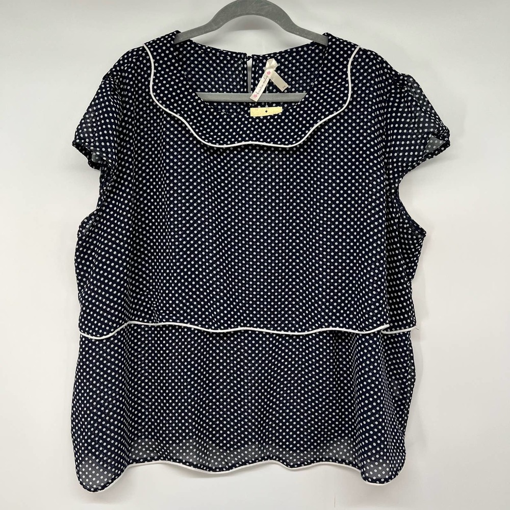 NWT Kristin Miles Polka Dot Tiered Blouse Women's Sz 3XL Navy Blue Ruffle Collar